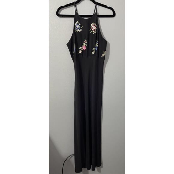 90s Women 11/12 Embroidered Floral Maxi Dress Black‎ Moody Floral Y2K Prom Goth - Picture 1 of 16